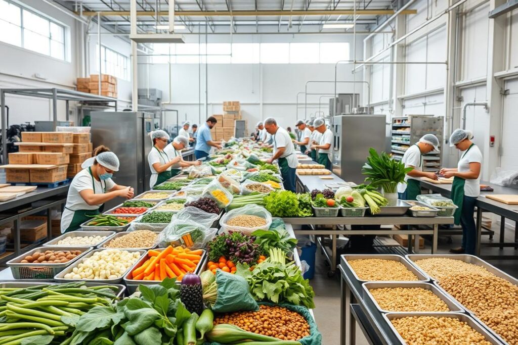 A bustling vegan food processing facility, filled with the aroma of freshly prepared plant-based products. In the foreground, workers carefully assemble and package various vegan items, their movements precise and efficient. Midground showcases a variety of vegan ingredients, from vibrant vegetables to wholesome grains, all neatly organized on stainless steel workstations. The background reveals a well-lit, modern industrial space with high ceilings and large windows, allowing ample natural light to flood the area. The overall atmosphere conveys a sense of productivity, sustainability, and attention to detail, reflecting the care and craftsmanship involved in transforming a small-scale farm into a supplier of high-quality vegan foods.