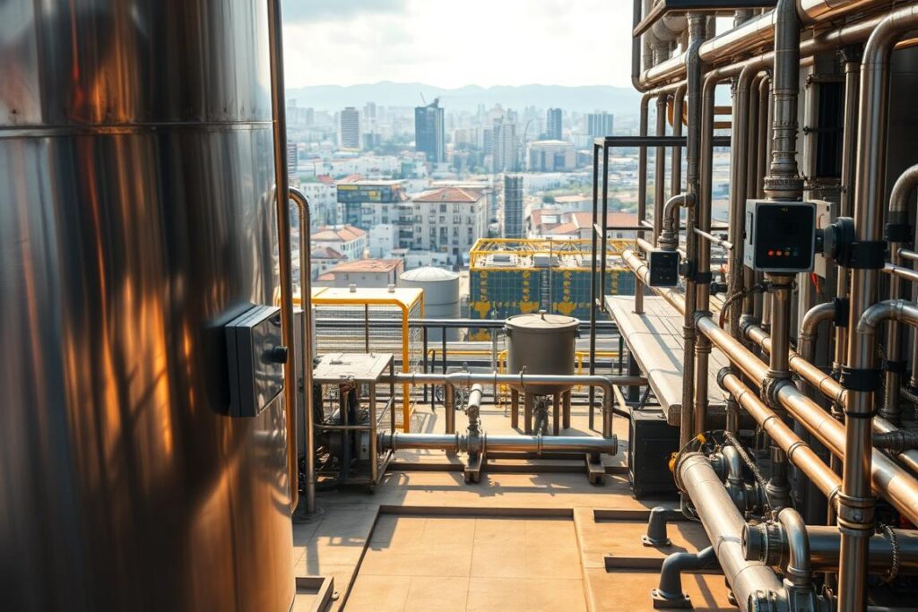 A commercial-scale biodigester plant, its sleek metallic exterior gleaming in the soft, warm lighting of the foreground. In the middle ground, a network of pipes, valves, and monitoring equipment, conveying the sophisticated engineering behind the sustainable energy production. The background depicts a bustling cityscape, suggesting the integration of this renewable technology into the urban landscape. The overall scene exudes a sense of efficiency, innovation, and environmental responsibility, capturing the essence of 