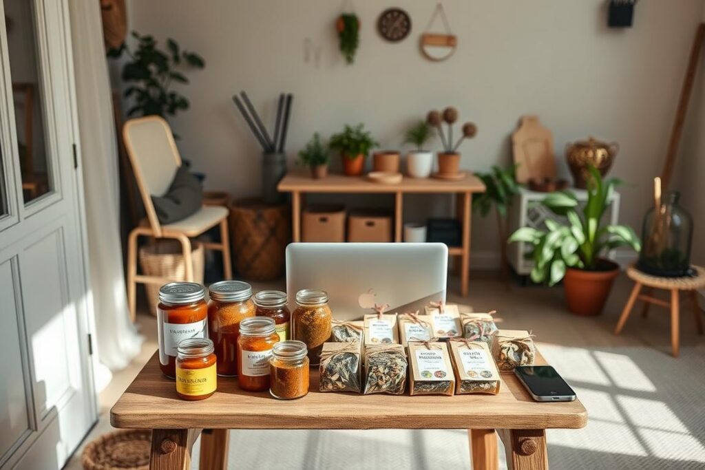 A cozy home studio setup with natural lighting, soft shadows, and a minimalist aesthetic. In the foreground, a small wooden table displays an array of handcrafted products - jars of preserves, artisanal soaps, and neatly packaged dried herbs. In the middle ground, a laptop and smartphone suggest the online sales process, while the background showcases a muted, earthy color palette with potted plants and simple decor, creating a warm and inviting atmosphere for a small producer's e-commerce endeavors.