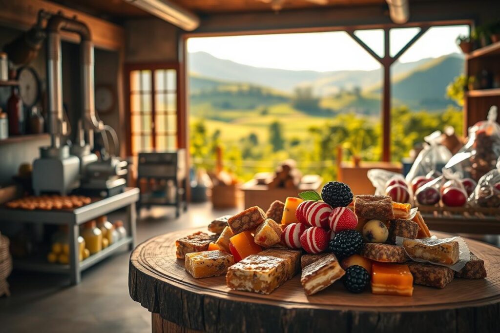 A cozy, vibrant scene showcasing the success stories of small-scale candy factories in Brazil. In the foreground, a display of delectable confections made with locally sourced fruits, arranged on a rustic wooden table. The middle ground features a well-equipped, artisanal production facility, its windows bathed in warm, golden light. In the background, a lush, verdant landscape with rolling hills and flourishing orchards, embodying the essence of the country's agricultural heritage. The overall composition exudes a sense of authenticity, craftsmanship, and community-driven entrepreneurship, inviting the viewer to immerse themselves in the thriving world of Brazil's successful mini candy factories.