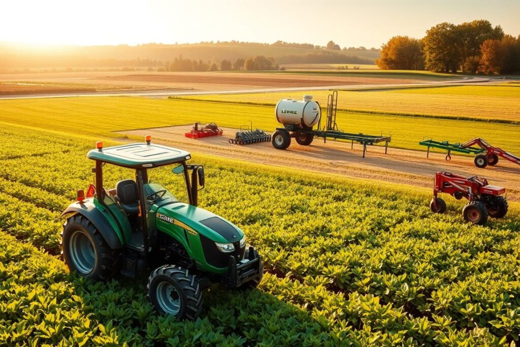 A flourishing agricultural landscape, where small-scale machinery and implements seamlessly integrate with the natural environment. In the foreground, a compact tractor navigates the lush, verdant fields, its sleek design and advanced features reflecting the industry's adaptations. The middle ground showcases a array of specialized tools and attachments, each optimized for precision farming techniques. In the background, a sun-dappled horizon frames the scene, conveying a sense of harmony and progress. Warm, inviting lighting creates a sense of optimism and opportunity, as the industries prepare to cater to the needs of smaller-scale operations. Captured through a wide-angle lens, the overall composition emphasizes the interconnectedness of modern agriculture and its responsive, adaptable solutions.