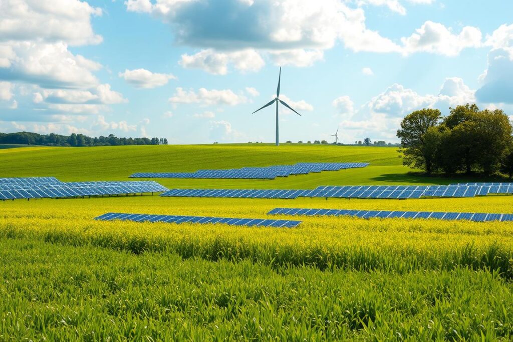 A lush green field stretches out, dotted with rows of solar panels glimmering in the golden sunlight. In the distance, a wind turbine stands tall, its blades gently turning in the breeze. The scene exudes a sense of harmony, where renewable energy and the natural landscape coexist seamlessly. Fluffy white clouds drift overhead, casting soft shadows across the scene. The composition is balanced, with the solar panels and wind turbine creating a visually striking focal point, while the surrounding greenery provides a serene and calming backdrop. The overall atmosphere conveys a message of sustainability, progress, and the integration of clean energy solutions into the rural landscape.