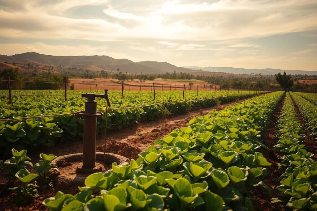 A lush, organic farm nestled in the rugged landscape of the Brazilian Northeast, where the soil is parched but the spirit of resilience thrives. In the foreground, row upon row of vibrant, sun-kissed crops sway gently in the warm breeze, their leaves glistening with the remnants of an early morning dew. Midground, a sturdy yet simple irrigation system, powered by a weathered hand-pump, draws precious water from a deep well, sustaining the life-giving greenery. In the background, the arid, ochre-hued hills and scrubland of the Caatinga biome stretch out, a testament to the perseverance of this region's people. Warm, golden light filters through wispy clouds, casting a soft, serene glow over the scene, capturing the harmony between man, nature, and the triumph of organic cultivation in the face of adversity.