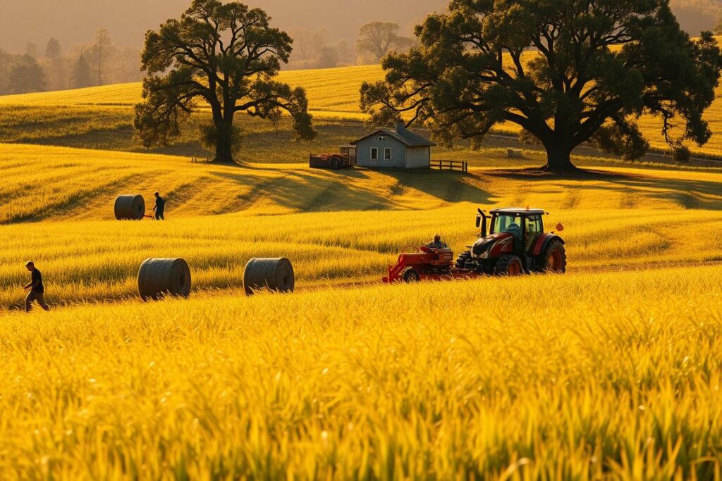 A lush, rolling field of tall, waving grass bathed in warm, golden afternoon sunlight. In the foreground, several farm workers manually harvest the grass, bundling it into large bales. In the middle ground, a tractor-pulled mower cuts swaths through the dense vegetation, revealing the rich, verdant undergrowth. In the distance, a small barn and farmhouse sit nestled among towering oak trees, their shadows stretching across the landscape. The scene conveys the hard work and challenges of manually producing biomass from grass, while hinting at the potential for mechanized, efficient production. Detailed textures, realistic lighting, and a sense of depth and scale bring this agricultural setting to life.