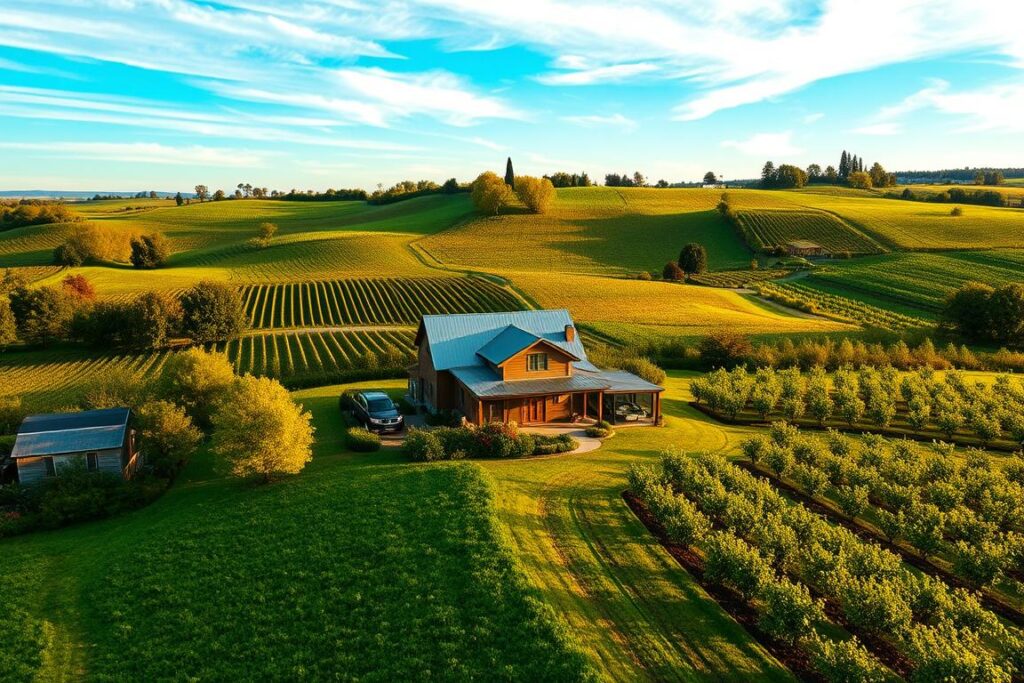 A lush, rolling landscape with a well-maintained farmhouse in the foreground, surrounded by neatly organized fields and orchards. In the midground, a group of farmers and agronomists discuss legal and regulatory aspects of running a successful agribusiness, their faces serious yet determined. The background features a clear blue sky with wispy clouds, hinting at the boundless opportunities and challenges of the agricultural industry. The lighting is warm and golden, casting a welcoming glow over the entire scene. The camera angle is slightly elevated, giving a birds-eye view that emphasizes the scale and organization of this thriving agro-enterprise.