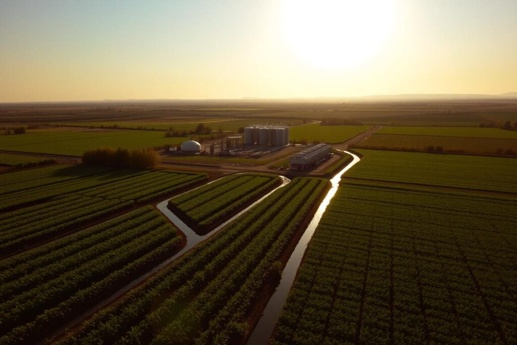 A lush, sprawling agricultural landscape under a warm, golden afternoon sun. In the foreground, a network of irrigation canals and channels cutting through rows of verdant crops. In the middle ground, a cluster of modern farm equipment and silos, suggesting the industrial scale of operations. The background features a distant horizon of rolling hills and a hazy blue sky. The scene conveys a sense of productive, well-organized agricultural activity, yet there is a subtle tension in the air, hinting at unmet expectations or unfulfilled potential.