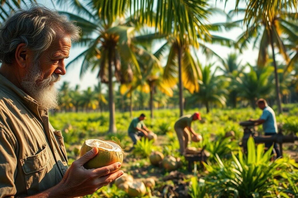 A lush, sun-dappled organic coconut farm nestled in the tropical countryside. In the foreground, a weathered farmer examines a freshly harvested coconut, contemplating the challenges of sustainable production. In the middle ground, workers skillfully extract coconut meat and press it into oil, their movements fluid and practiced. The background reveals rows of towering palms, their fronds rustling gently in the breeze, hinting at the tranquil rhythm of this verdant, off-the-grid operation. The lighting is soft and warm, casting a golden glow that infuses the scene with a sense of serenity and resilience, reflecting the determination to overcome the unique obstacles of organic coconut farming.