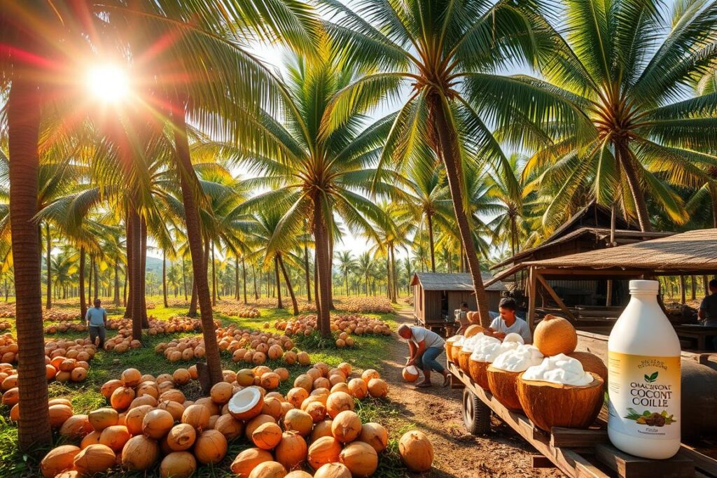 A lush tropical coconut plantation with rows of swaying palm trees under a bright, warm sun. In the foreground, skilled workers carefully harvest ripe coconuts, deftly splitting them open to reveal the rich, white flesh. In the middle ground, the coconuts are transported to a traditional processing facility, where workers extract the creamy coconut milk using time-honored techniques. In the background, the oil is carefully refined, filtered, and bottled, ready to be distributed and enjoyed as pure, organic coconut oil.