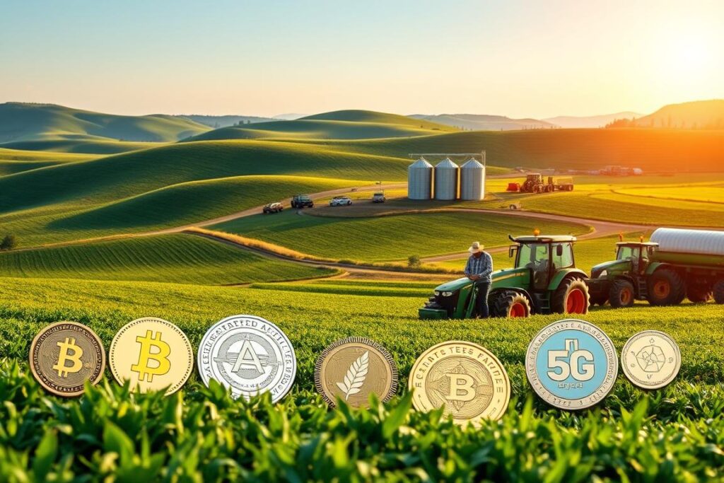 A lush, verdant agricultural landscape with rolling hills and a clear sky. In the foreground, various types of tokens representing different agricultural financing options are displayed, each with a distinct visual design and iconography. These tokens include blockchain-based cryptocurrencies, commodity-backed digital assets, and supply chain traceability tokens. The middle ground features small-scale farmers interacting with these tokens, demonstrating their use in obtaining credit and funding for their operations. The background showcases a modern, technologically-advanced agricultural setting, with silos, tractors, and other farming equipment. The scene is illuminated by warm, natural lighting, conveying a sense of progress and innovation in the realm of agricultural finance.