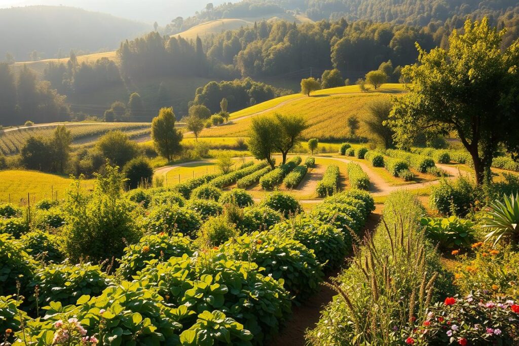 A lush, verdant agroforestry system nestled in a rolling, sun-dappled landscape. In the foreground, a diverse array of crops and plants thrive in harmony - leafy greens, vibrant flowers, and gently swaying fruit trees. The middle ground features a meandering path winding through the verdant tableau, inviting the viewer to explore. In the background, rolling hills dotted with mature forest groves create a serene, natural backdrop. Warm, golden light filters through the canopy, casting a soft, welcoming glow over the entire scene. The overall impression is one of abundance, sustainability, and the potential for profitable, small-scale agricultural production.