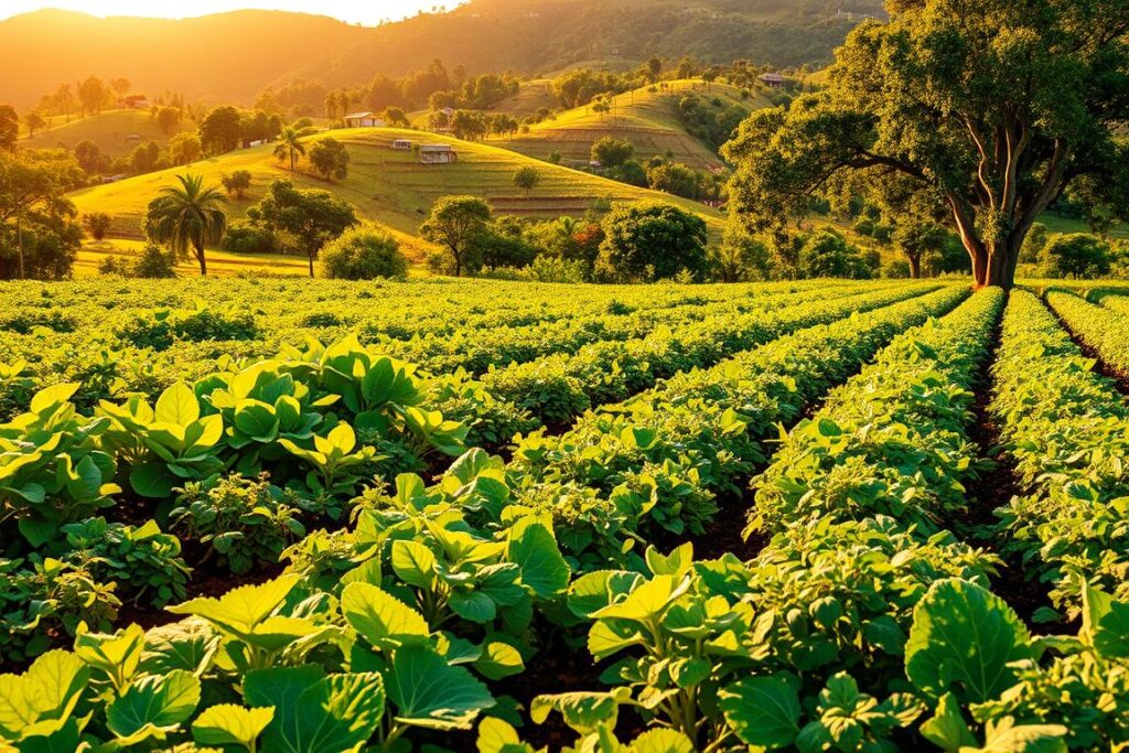 A lush, verdant field of diverse high-value crops, bathed in warm, golden sunlight. In the foreground, rows of vibrant, organically grown vegetables and herbs - leafy greens, aromatic spices, and vibrant root vegetables. In the middle ground, the graceful canopies of fruit trees - citrus, mangoes, and avocados - casting dappled shadows on the ground below. In the background, a rolling hillside dotted with small, family-owned farms, each one a testament to the rich agricultural heritage of the region. The scene conveys a sense of abundance, sustainability, and the potential for small-scale, high-value agriculture to thrive in Brazil.
