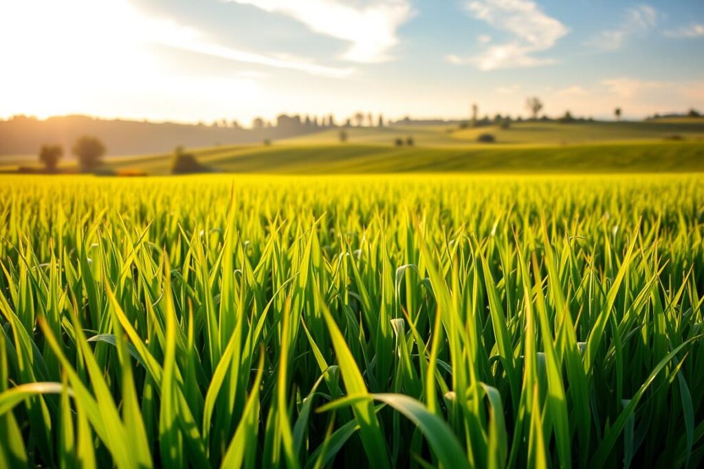 A lush, verdant field of sustainable cultivated grass, bathed in warm, golden sunlight filtering through wispy clouds. In the foreground, healthy, vibrant grass blades sway gently in a light breeze, their tips glimmering with morning dew. The midground reveals a well-tended, organic farming landscape, with neatly arranged rows of the thriving grass crop. In the distance, rolling hills dotted with clusters of trees create a serene, pastoral backdrop. The overall scene conveys a sense of harmony between nature and sustainable agricultural practices, reflecting the principles of maximizing biomass production through environmentally conscious cultivation techniques.