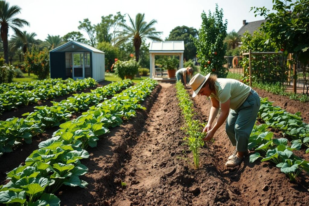 A lush, verdant garden setting with rows of thriving vegetable plants, fruit trees, and a small greenhouse in the background. In the foreground, a person in casual, earthy attire tends to the soil, examining a plant. The lighting is soft and natural, casting gentle shadows. The atmosphere is one of peaceful productivity, conveying the challenges and rewards of running a small-scale vegan farm. The composition emphasizes the harmony between humans and nature, with the garden's abundance and the person's focused work hinting at the daily obstacles and satisfactions of this sustainable lifestyle.