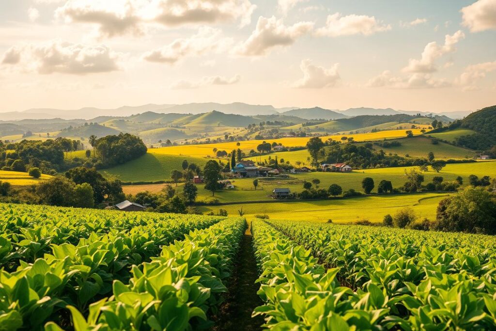 A lush, verdant landscape showcasing thriving agricultural scenes from various regions of Brazil. In the foreground, rows of neatly tended crops sway gently in a warm, golden light. Scattered throughout the middle ground, small family farms and homesteads sit nestled amidst vibrant green hills and rolling pastures. In the background, a tapestry of diverse biomes unfolds - from the amazon rainforest's towering canopy to the sun-drenched vineyards of the south. The scene emanates a sense of abundance, prosperity, and the resilience of Brazil's rural communities. Captured with a wide-angle lens, the image evokes a sweeping, panoramic perspective that celebrates the country's agricultural successes across its varied landscapes.