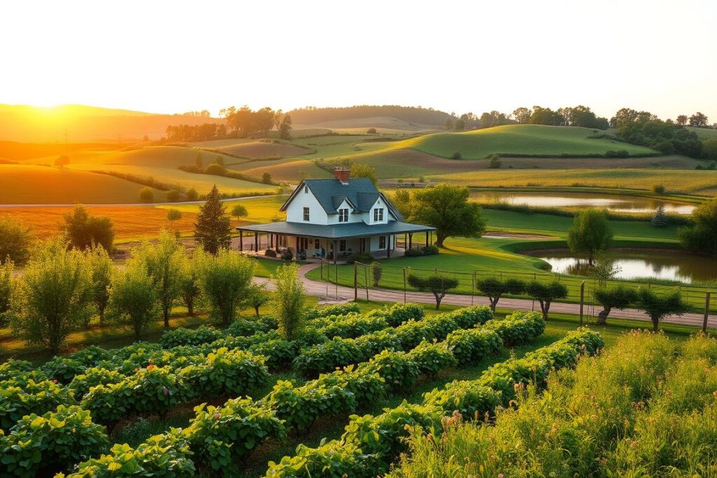 A lush, verdant rural landscape with a well-maintained farmhouse in the middle ground. In the foreground, a thriving vegetable garden, rows of fruit trees, and a small flock of chickens roam freely. In the background, rolling hills dotted with wildflowers and a picturesque pond reflecting the warm, golden sunset. The scene conveys a sense of harmony and abundance, showcasing the diverse revenue streams of a prosperous rural property - from crops and livestock to agritourism and cottage industries. Soft, diffused lighting casts a serene, inviting atmosphere, captured with a wide-angle lens to emphasize the property's holistic integration with the surrounding natural environment.