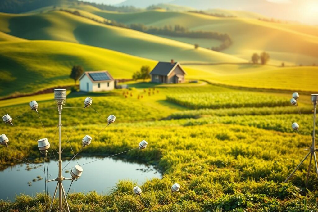 A lush, verdant rural landscape with rolling hills and a serene pond. In the foreground, a network of IoT sensors and devices seamlessly integrated into the natural environment, monitoring soil moisture, crop health, and livestock activity. In the middle ground, a small farmhouse with solar panels on the roof, powering the connected systems. In the background, a field of thriving crops and a flock of chickens roaming freely. The scene is bathed in warm, golden sunlight, conveying a sense of harmony between technology and the natural world. The overall atmosphere is one of sustainable productivity and innovation in the rural setting.
