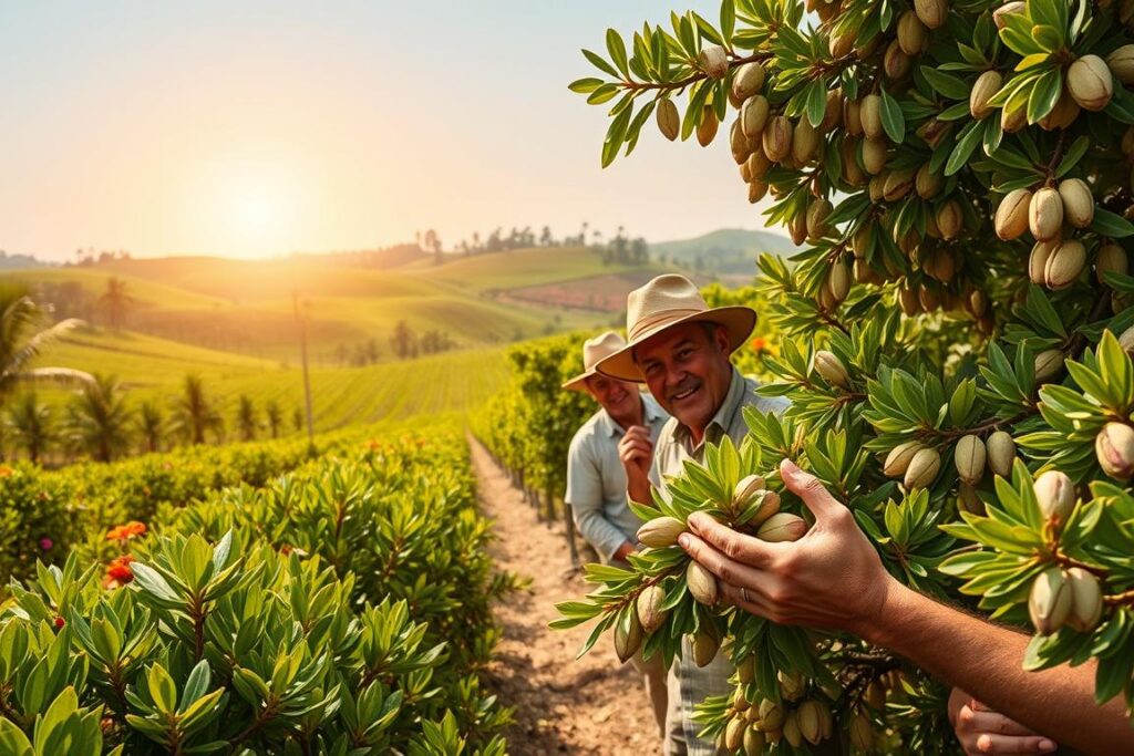 A lush, verdant tropical landscape with a group of cheerful, hardworking 