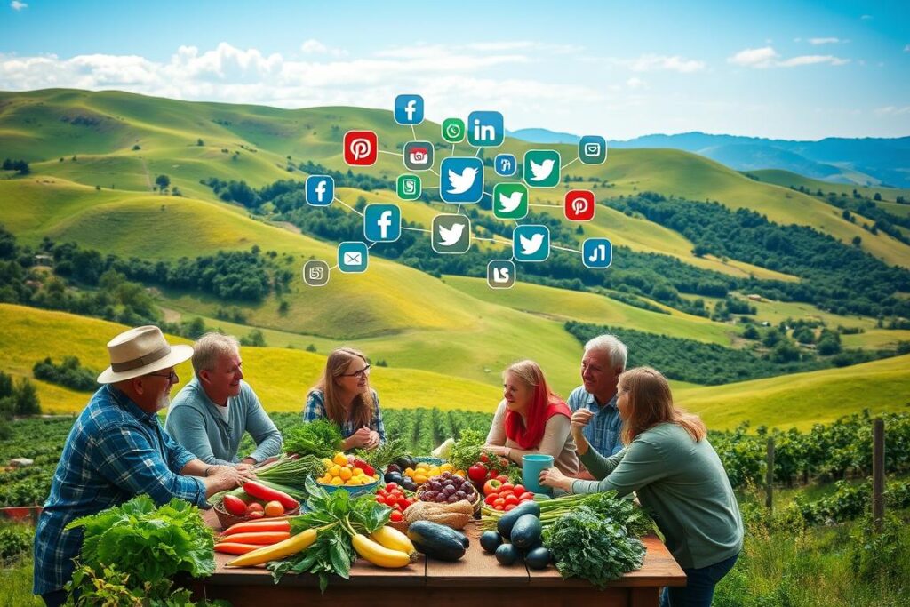 A lush, vibrant landscape with rolling hills and verdant meadows, set against a backdrop of a clear blue sky. In the foreground, a group of small-scale farmers gather around a wooden table, engaged in animated discussion, their faces expressing a mix of enthusiasm and determination. They are surrounded by an array of colorful produce, freshly harvested from their fields. In the middle ground, a series of social media icons float above the scene, symbolizing the digital tools and platforms these producers are using to connect with their customers and expand their reach. The overall mood is one of empowerment, showcasing how these small-scale farmers are harnessing the power of social media to thrive in the modern marketplace, without relying on large-scale platforms.