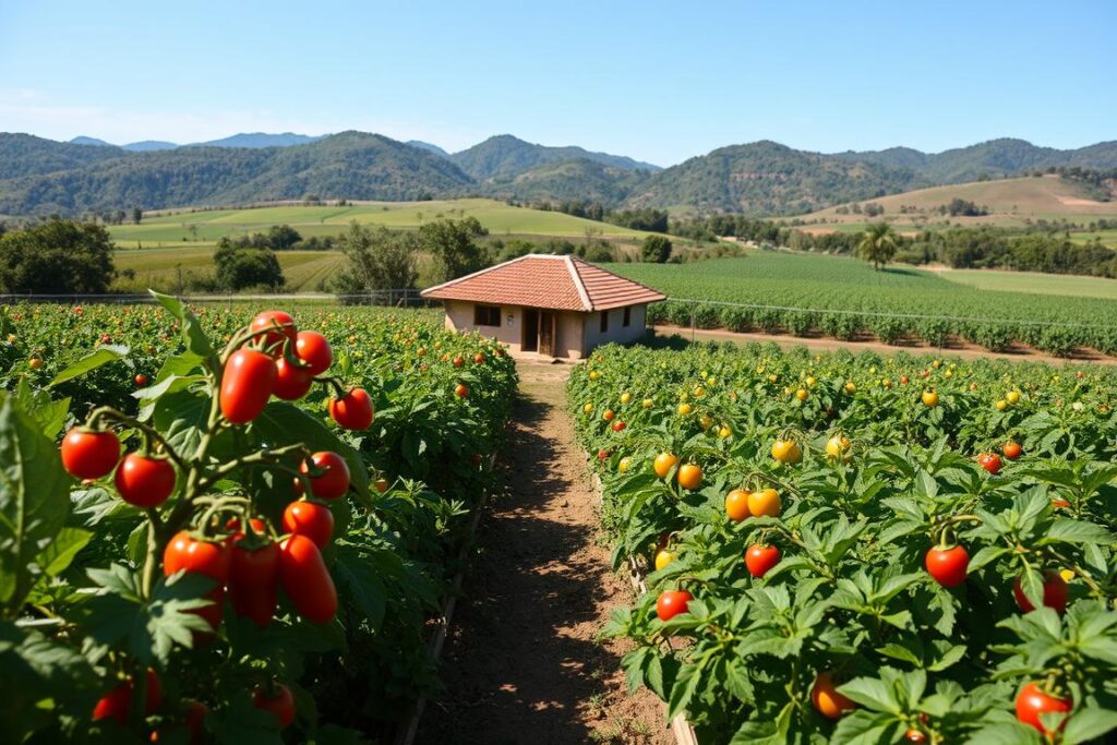 A lush, vibrant organic farm in the heart of the Brazilian countryside. In the foreground, rows of vibrant, healthy produce sway gently in the warm breeze - heirloom tomatoes, leafy greens, and colorful bell peppers. The middle ground features a small, rustic farmhouse with a red-tiled roof, surrounded by sprawling fields of diverse crops. In the background, rolling hills and a cloudless azure sky create a serene, tranquil atmosphere. Soft, natural lighting illuminates the scene, casting gentle shadows and highlighting the rich, earthy tones of the organic produce. The overall mood is one of abundance, sustainability, and the harmony between man and nature.