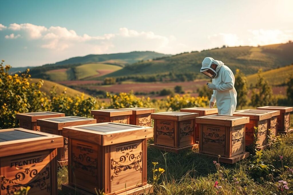 A meticulously crafted apiary nestled in a lush, verdant landscape. The foreground showcases a series of compact, modular beehives, their wooden frames adorned with intricate carvings and painted in warm, earthy tones. In the middle ground, a beekeeper in a crisp white suit carefully tends to the hives, their movements graceful and precise. The background is a dreamy, soft-focused scene of rolling hills, dotted with vibrant wildflowers and a clear, azure sky above, bathed in the warm glow of natural lighting. The overall composition conveys a sense of harmony, innovation, and a deep connection between technology, nature, and the art of small-scale apiculture.