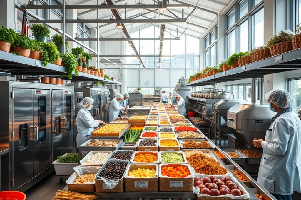 A modern food processing facility with an abundance of fresh, locally-sourced ingredients. Bright, airy interior with large windows allowing natural light to pour in. Gleaming stainless steel appliances and conveyor belts efficiently processing a variety of whole foods into neatly packaged, nutritious products. Skilled workers in white coats and hairnets carefully monitor quality control. The space has a clinical yet welcoming ambiance, reflecting the facility's commitment to producing wholesome, artisanal foods. Soft, diffused lighting casts a warm glow, while the hum of machinery adds a soothing, industrious atmosphere. The overall scene conveys a sense of community, sustainability, and pride in crafting high-quality, value-added foods.