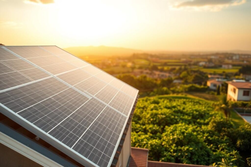 A photorealistic image of a solar energy system in a Brazilian urban or rural setting, with a focus on the legislation and regulations governing its implementation. The foreground depicts a large solar panel array mounted on the roof of a residential or commercial building, casting warm, golden light across the scene. The middle ground showcases a lush, verdant garden or small-scale agricultural plot, representing the productive ecosystem enabled by the renewable energy source. In the background, a city skyline or rolling countryside is visible, hinting at the broader context of Brazilian environmental policies and sustainable development initiatives. The overall mood is one of harmony, efficiency, and compliance with local regulations, capturing the spirit of the 