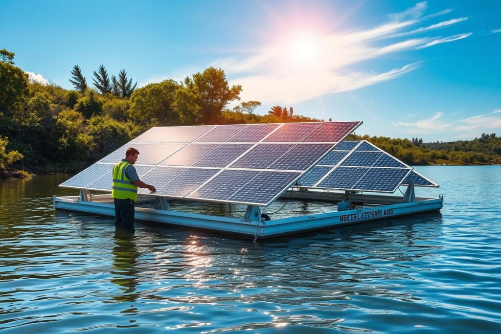 A picturesque solar panel installation floating gently on a serene body of water, surrounded by lush vegetation and a clear blue sky. The solar panels shimmer in the warm afternoon sunlight, their sleek, modern design blending seamlessly with the natural environment. In the foreground, a technician in a safety vest meticulously inspects the system, ensuring its optimal performance. Subtle shadows and reflections create a sense of depth and dimension, highlighting the integration of technology and sustainability. The overall scene conveys a harmonious balance between human ingenuity and environmental preservation, perfectly suited to illustrate the 