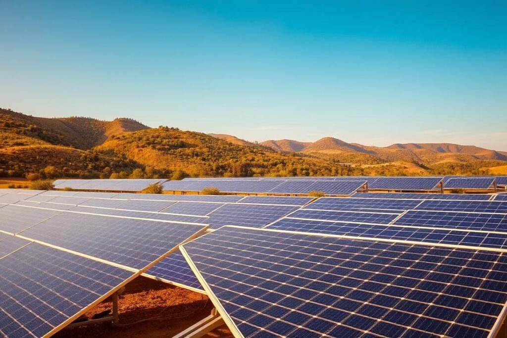 A picturesque solar power plant set against a backdrop of lush, verdant hills. In the foreground, sleek, modern solar panels bask in the warm, golden sunlight, their glossy surfaces reflecting the sky's tranquil blue. The middle ground features a network of interconnected solar arrays, their clean, efficient design harnessing the power of the sun to generate renewable, eco-friendly energy. The distant horizon is dotted with swaying trees and rolling hills, conveying a sense of harmony between the solar installation and the natural environment. Warm, diffused lighting casts a gentle glow over the scene, emphasizing the sustainable and environmentally conscious nature of this clean energy solution.