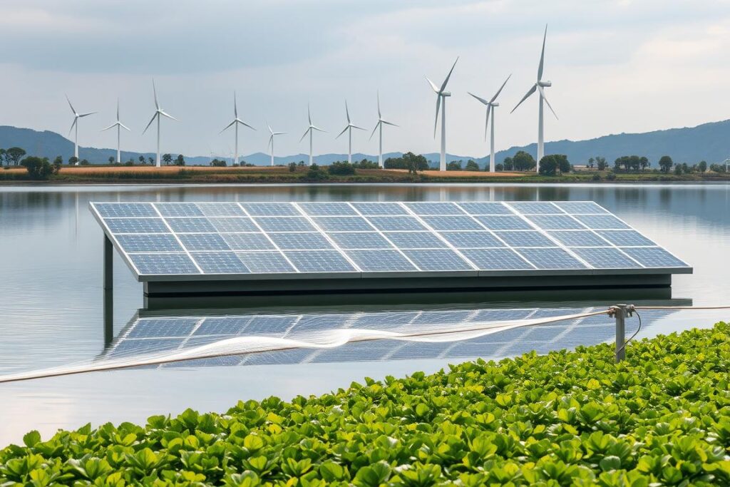 A pristine solar panel array floating atop a serene lake, its sleek, angular forms mirrored in the still waters below. Towering wind turbines punctuate the horizon, their blades gracefully turning in the gentle breeze. In the foreground, a small-scale irrigation system sprinkles life-giving water onto lush, verdant crops, demonstrating the harmonious integration of renewable energy and sustainable agriculture. Soft, diffused lighting bathes the scene, conveying a sense of tranquility and harmony. This image encapsulates the innovative solutions and practical applications of sustainable technology, tailored to the needs of a small rural property.