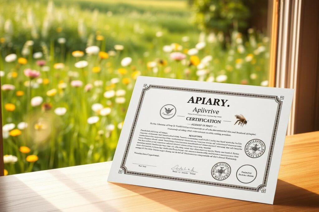 A professional apiary certification document rests on a wooden table, illuminated by soft natural light filtering through a nearby window. In the background, a lush green meadow filled with blooming flowers and buzzing honeybees create a serene, bucolic atmosphere. The certification's intricate design and official stamps convey a sense of authority and legitimacy, highlighting the rigorous standards and regulations governing the production of high-quality, artisanal honey. The overall composition emphasizes the importance of these certifications in elevating and validating the unique qualities of niche apiculture products.