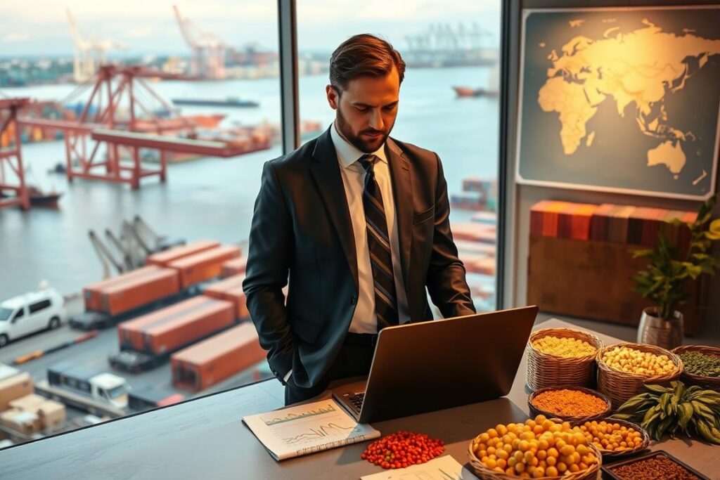 A professional consultant in international agricultural commodity trade, standing in a modern office overlooking a bustling port. Dressed in a sharp suit, they analyze market data on a laptop, surrounded by world maps, trade agreements, and samples of various crops. Warm, directional lighting highlights their focused expression as they navigate the complexities of global supply chains, seeking to optimize deals and opportunities for their clients. The atmosphere conveys expertise, diligence, and a keen understanding of the ever-evolving international agricultural marketplace.