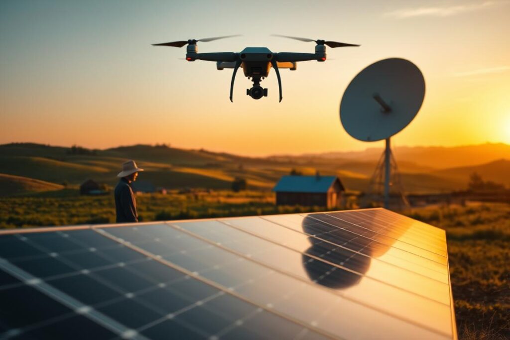 A rural landscape at dusk, a small farmhouse nestled among rolling hills. In the foreground, a farmer inspects a sleek, modern solar panel array, its gleaming surface reflecting the fading sunlight. In the middle ground, a Starlink satellite dish stands tall, its parabolic shape cutting a striking silhouette against the evening sky. Nearby, a drone hovers gracefully, its cameras capturing a bird's-eye view of the scene. The lighting is soft and warm, with a golden hour glow that infuses the entire composition. The angle is slightly elevated, giving a sense of scale and perspective to the scene. The overall mood is one of peaceful integration, as the advanced technologies seamlessly blend with the rural landscape.