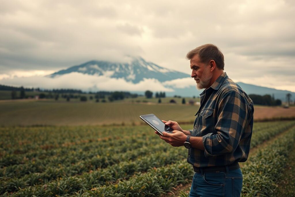 A rural landscape set against a moody, overcast sky. In the foreground, a farmer stands in a field, thoughtfully gazing at a tablet displaying a decentralized finance app. In the middle ground, rows of rolling hills dotted with farmhouses and barns. In the background, a looming mountain range shrouded in mist. The scene conveys the challenges and uncertainties of transitioning traditional agricultural assets into the digital realm of tokenization, as the farmer ponders the risks and possibilities. Soft, warm lighting illuminates the scene, creating a sense of contemplation. Captured with a wide-angle lens to emphasize the scale and grandeur of the rural setting.