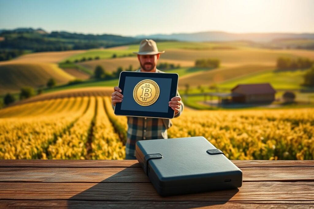 A rural property in the lush, rolling countryside, its fields and pastures stretching out under a warm, golden sunlight. In the foreground, a farmer stands amidst a field of crops, holding a tablet displaying a digital token representing the property's value. In the middle ground, a modern, secure cold wallet device sits on a wooden table, symbolizing the secure storage of the property's tokenized asset. The background features a distant farmhouse and a clear, blue sky, conveying a sense of tranquility and stability. The scene evokes the seamless integration of traditional agricultural assets with cutting-edge blockchain technology, enabling the property's tokenization and its use as collateral.