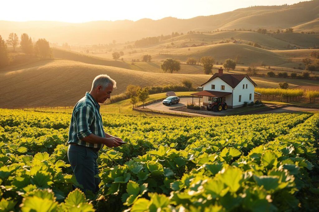 A small, thriving farm nestled in rolling hills, bathed in warm sunlight. In the foreground, a farmer tends to lush, verdant crops, utilizing modern technology and sustainable practices to achieve economic independence. The middle ground reveals a well-equipped workshop, where innovative tools and machinery are carefully maintained. In the background, a picturesque farmhouse and outbuildings stand as a testament to self-reliance, surrounded by neatly organized fields and orchards. The scene conveys a sense of harmony, progress, and the empowering potential of a self-sufficient, technology-driven agricultural enterprise, free from reliance on government programs.