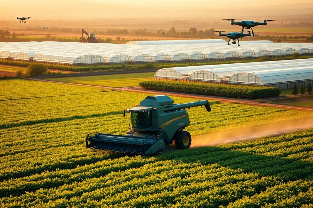 A sprawling agricultural landscape bathed in warm, golden light. In the foreground, a cutting-edge combine harvester navigates a lush, verdant field, its advanced sensors and AI-powered systems guiding its precise movements. In the middle ground, rows of high-tech greenhouses stand tall, their climate-controlled environments nurturing bountiful crops. The background is dotted with sleek, futuristic tractors and drones taking flight, symbols of the technological revolution transforming the world of agribusiness. The scene conveys a sense of progress, efficiency, and innovation, capturing the essence of 