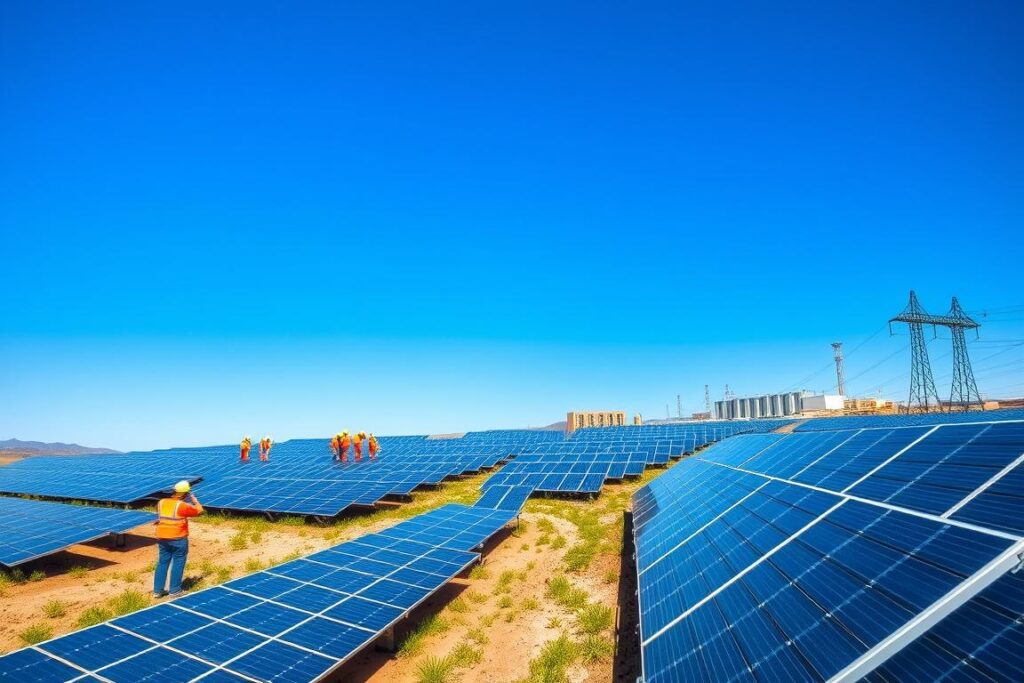 A sprawling solar energy farm set against a vibrant blue sky, with rows of sleek, high-efficiency solar panels neatly arranged across a gently sloping landscape. In the foreground, a group of technicians in safety gear inspect the panels, adjusting their tilt and orientation to maximize the energy harvest. The middle ground features a variety of cutting-edge solar technologies, including tracking systems, energy storage units, and smart monitoring devices, all seamlessly integrated to optimize the overall production. In the background, a modern solar power plant towers over the scene, its imposing structure a testament to the scale and sophistication of the renewable energy solution. The lighting is crisp and natural, casting long shadows and highlighting the precision and efficiency of the entire solar energy ecosystem.
