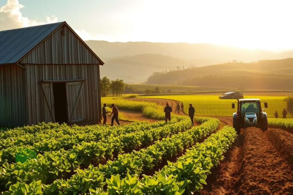 A sun-drenched rural landscape with a small family farm in the foreground. A weathered wooden barn stands tall, surrounded by lush green fields and rolling hills. In the middle ground, a group of farmers tending to their crops, their faces filled with determination. In the background, a modern tractor plows the soil, symbolizing the融合of traditional and innovative farming practices. The scene is imbued with a sense of resilience and the promise of a bountiful harvest. Warm, golden lighting bathes the entire scene, creating a serene and inviting atmosphere. The image conveys the spirit of hardworking, small-scale Brazilian farmers seeking financial support to grow their operations.