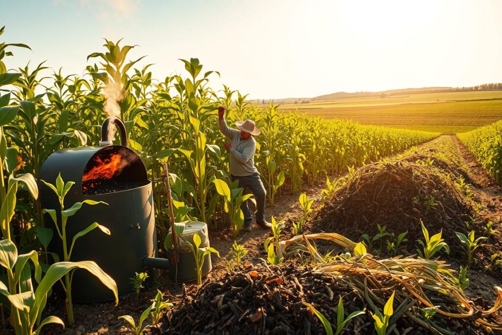 A sunlit field of lush soybean plants, their leaves gently swaying in the breeze. In the foreground, a farmer carefully tends to a steaming pyrolysis kiln, the charred biomass within glowing with ember-like heat. The middle ground reveals piles of harvested soybean stalks and husks, awaiting transformation into rich, black biochar. In the background, a verdant landscape stretches out, hinting at the fertile soil that will soon be nourished by the biochar amendments. The scene is bathed in warm, golden light, evoking a sense of productivity, sustainability, and the cycle of life. A wide-angle lens captures the entire scope of this sustainable agricultural practice.