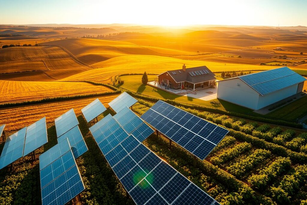 A vast expanse of rolling farmland, bathed in the golden glow of the sun. In the foreground, rows of solar panels stand tall, their sleek surfaces reflecting the radiant light. Farmers tending to their crops pause to gaze upwards, admiring the efficient harvesting of the sun's energy. In the middle ground, a modern farmhouse with a neatly manicured yard, its roof adorned with additional solar panels, symbolizing the integration of renewable power into the agricultural landscape. In the distance, a large barn with a sprawling array of solar panels, showcasing the scale and scope of solar energy adoption in this thriving agribusiness. The scene exudes a sense of progress, sustainability, and the seamless harmony between traditional farming and innovative clean energy solutions.