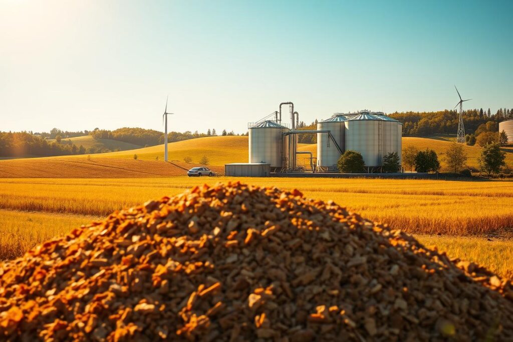 A vast, lush farmland bathed in golden sunlight, with a central biogas plant prominently featured. In the foreground, a large pile of organic waste materials - manure, crop residues, and other biomass feedstocks - awaits processing. The biogas plant, a sleek and modern structure, stands tall in the middle ground, its steel tanks and pipes glinting in the sun. In the background, rolling hills dotted with verdant trees and a clear, azure sky create a serene, pastoral atmosphere. The scene conveys the harmonious integration of sustainable energy production and agricultural activities, showcasing the efficient transformation of waste into a clean, renewable power source.