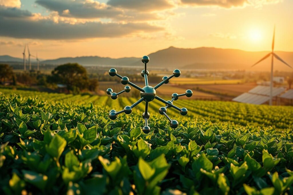 A vibrant landscape showcasing the environmental impacts of biochar usage. In the foreground, lush greenery and thriving crops symbolize the agricultural benefits, while in the middle ground, intricate molecular structures depict the complex chemical processes at play. The background features a panoramic view of a sustainable farming community, with solar panels and wind turbines harnessing clean energy. Warm, golden lighting bathes the scene, creating a sense of harmony between nature and technology. The composition emphasizes the delicate balance between environmental and economic considerations, capturing the essence of the 