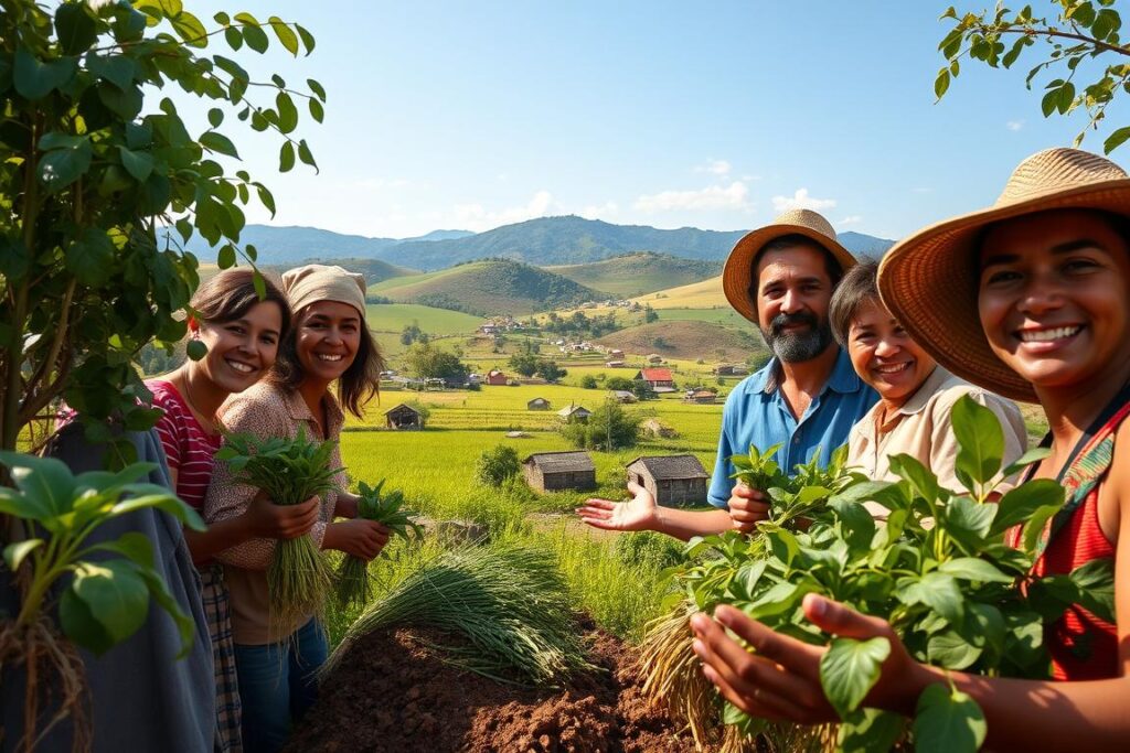 A vibrant, rural landscape showcasing the diverse world of Brazil's family farming. In the foreground, a small group of farmers proudly display their freshly harvested crops, their faces beaming with a sense of accomplishment. The middle ground reveals a lush, verdant field dotted with traditional farmhouses and bustling activity. In the background, rolling hills and a clear, azure sky create a picturesque backdrop, evoking a peaceful, bucolic atmosphere. Warm, golden lighting illuminates the scene, casting a gentle glow and accentuating the rich textures of the soil, foliage, and the farmers' weathered hands. The composition highlights the integral role of these small-scale producers in the nation's agricultural landscape, underscoring the transformative potential of tokenization to empower and support this vital community.