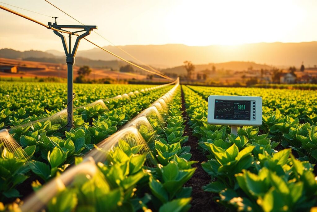 A well-designed automated irrigation system in a thriving Brazilian small-scale farm. The foreground showcases lush, verdant crops meticulously watered by a network of smart sensors and sprinklers, their movement captured in a dynamic, cinematic angle. The middle ground features a modern, compact control panel displaying real-time data and optimization algorithms. In the background, a picturesque rural landscape unfolds, with rolling hills, distant farmhouses, and a clear, azure sky bathed in warm, golden sunlight, conveying a sense of harmony between technology and nature.