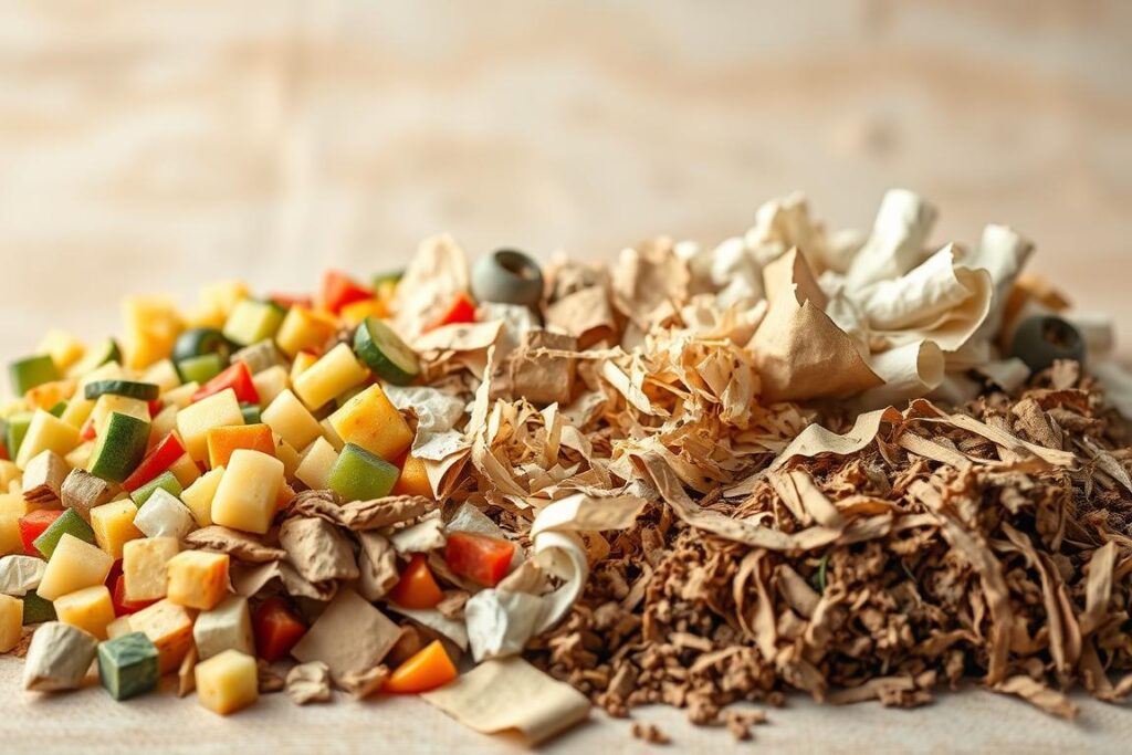 A well-lit close-up of a diverse selection of organic waste materials commonly used for biogas production, including chopped fruit and vegetable scraps, shredded paper and cardboard, and a mix of garden trimmings and livestock manure. The items are arranged on a clean, neutral-colored surface with a slight depth of field, creating a sense of simplicity and focus on the key elements. The lighting is soft and even, emphasizing the natural textures and colors of the organic materials. The overall composition conveys the idea of a sustainable, renewable energy source derived from waste products.