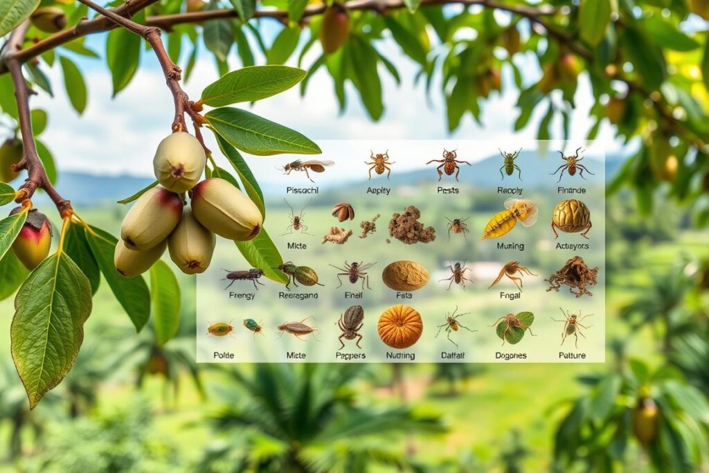 A well-lit, close-up photograph of a healthy pistachio tree branch in the foreground, showcasing its leaves and nuts. In the middle ground, a collection of common pistachio pests and diseases, such as aphids, mites, fungal infections, and nutrient deficiencies, displayed in a scientific, analytical manner. The background should depict a lush, tropical landscape with other pistachio trees, creating a sense of scale and context. The overall tone should be informative and educational, highlighting the importance of effective pest and disease management for successful pistachio cultivation in tropical climates.