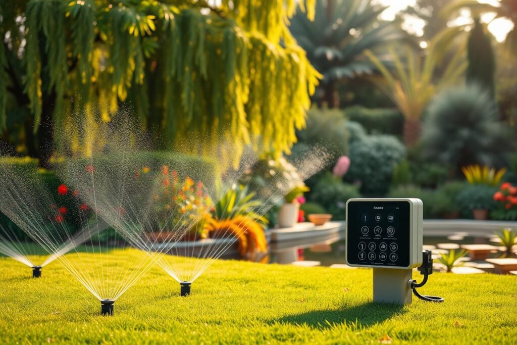 An automated irrigation system situated in a lush, verdant garden. In the foreground, a series of sleek, modern-looking sprinklers dispersing a fine mist of water across the neatly manicured lawn. In the middle ground, a compact control panel with intuitive digital displays and buttons, allowing for precise management of the irrigation schedule. The background features a backdrop of thriving, diverse greenery - towering trees, vibrant flowering plants, and a serene pond reflecting the natural surroundings. Warm, diffused sunlight filters through the foliage, creating a tranquil, earthy atmosphere. The entire scene conveys a sense of efficiency, sustainability, and harmony between technology and nature.