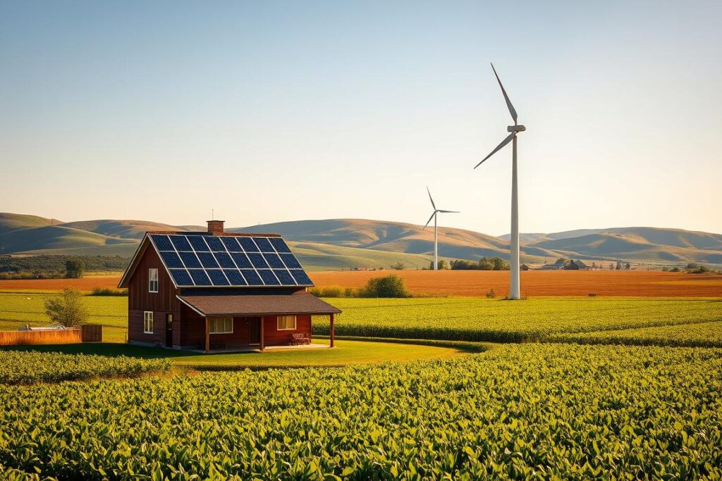 An expansive rural landscape, bathed in warm, golden sunlight. In the foreground, a modern, low-profile solar panel array sits atop a quaint, well-maintained farmhouse. Surrounding the house, lush green fields stretch out, dotted with rows of tall, thriving crops. In the middle ground, a small, efficient wind turbine stands tall, complementing the solar panels and harnessing the steady breeze. The background features rolling hills and a clear, azure sky, creating a picturesque, serene countryside setting. The overall scene conveys a harmonious blend of traditional rural life and cutting-edge renewable energy technology, showcasing the potential for low-cost, sustainable solutions to power properties in the agricultural heartland.