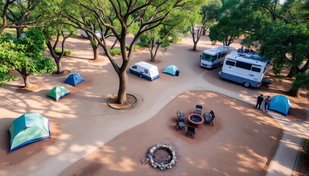 Área de camping bem estruturada com espaços para barracas e trailers