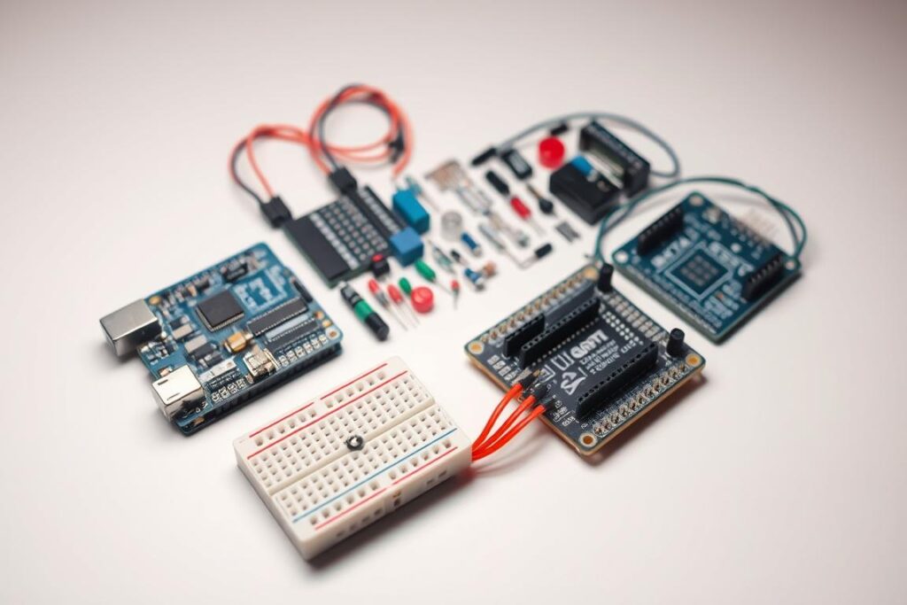 Detailed overhead shot of an assortment of electronic components for a DIY soil sensor project. Prominent in the foreground are a microcontroller, soil moisture sensor, jumper wires, and a mini breadboard. In the middle ground, there are various resistors, capacitors, and other circuit elements. The background features a soft, evenly-lit studio setup with a clean, white backdrop, emphasizing the technical nature of the components. Lighting is soft and diffused, creating subtle shadows that accentuate the textures and forms of the electronic parts. The overall mood is one of precision, functionality, and the DIY spirit of crafting custom sensor solutions.